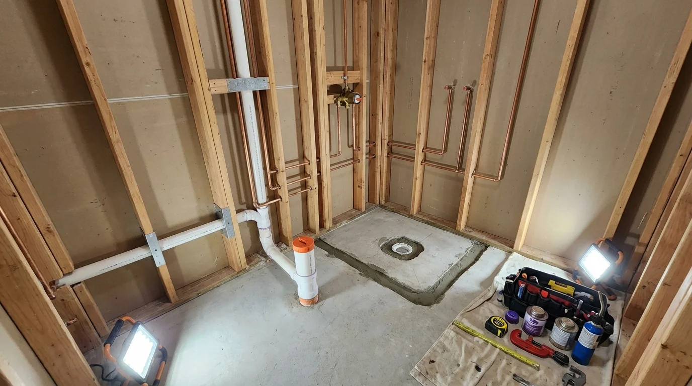 Bathroom rough-in plumbing during remodel by Johns Plumbing LLC in Cape May