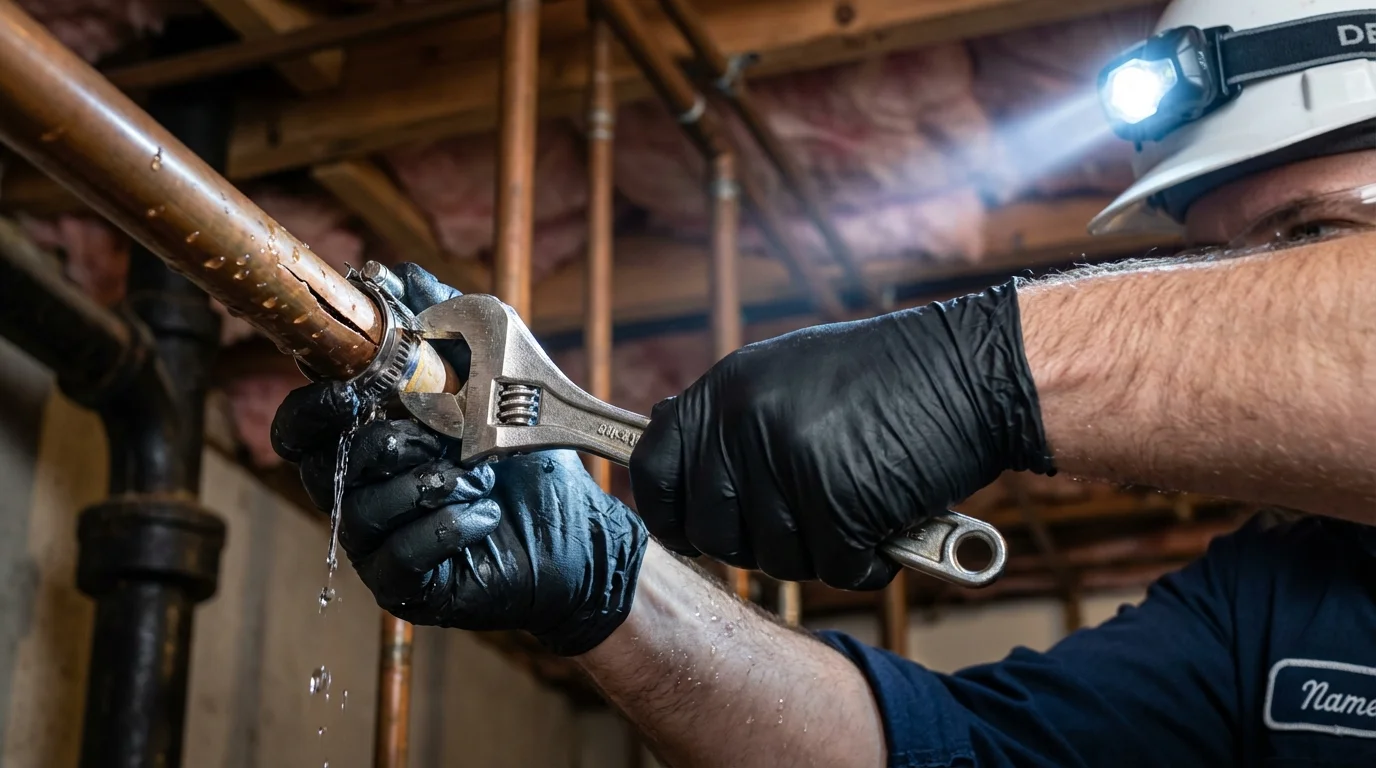 Emergency pipe clamp repair being performed by a Johns Plumbing LLC plumber in Cape May