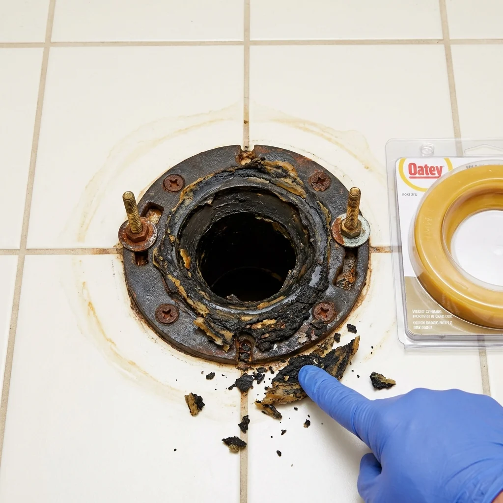 Failed wax ring showing water seepage at the base of a toilet in a Cape May, NJ home